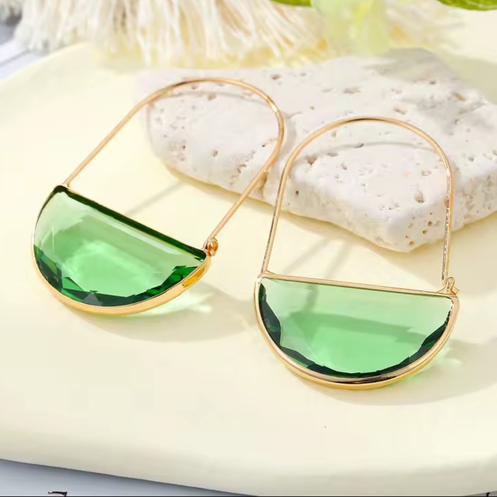 Anthropologie Light Green Glass Crescent Hoop Gold Earrings - Picture 2 of 7